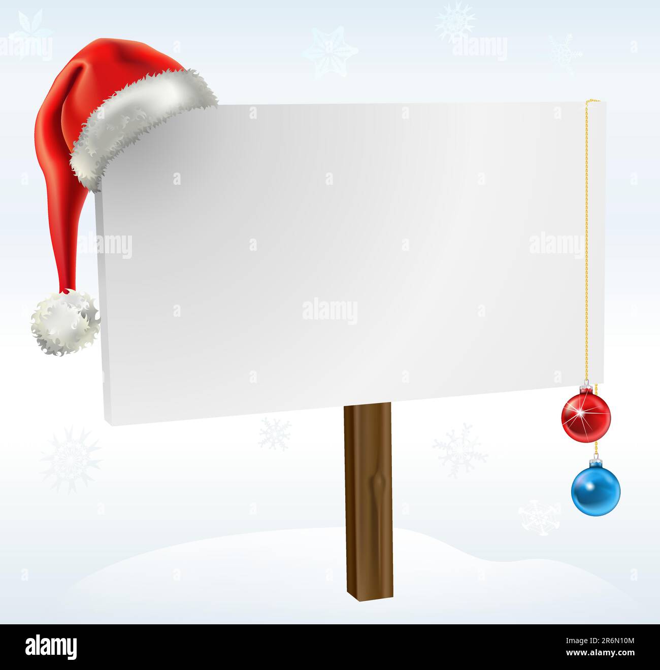 an illustration of a blank winter sign, with copy space for you to place your text on. Featuring a santas hat, snow flakes and christmas baubles. Stock Vector
