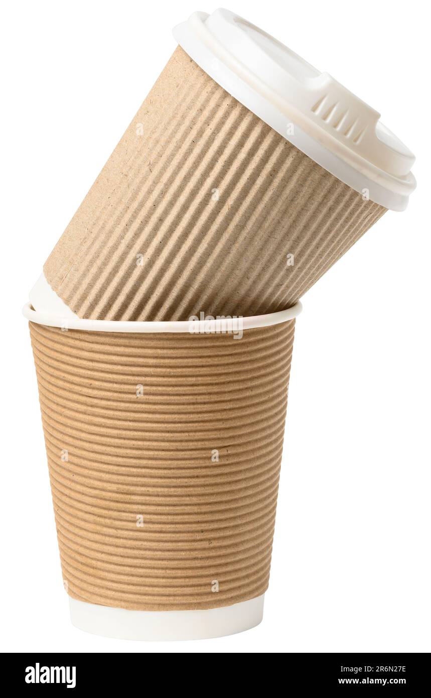Brown paper cup made of corrugated cardboard with a plastic white lid ...