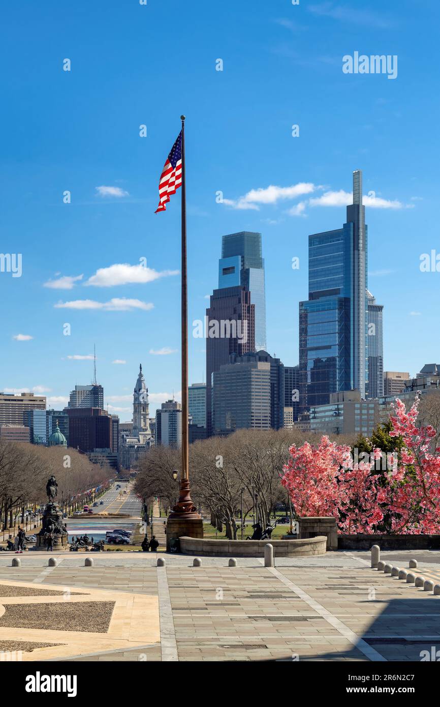Philadelphia city skyline with spring flowers in spring sunny day, Philadelphia, Pennsylvania
