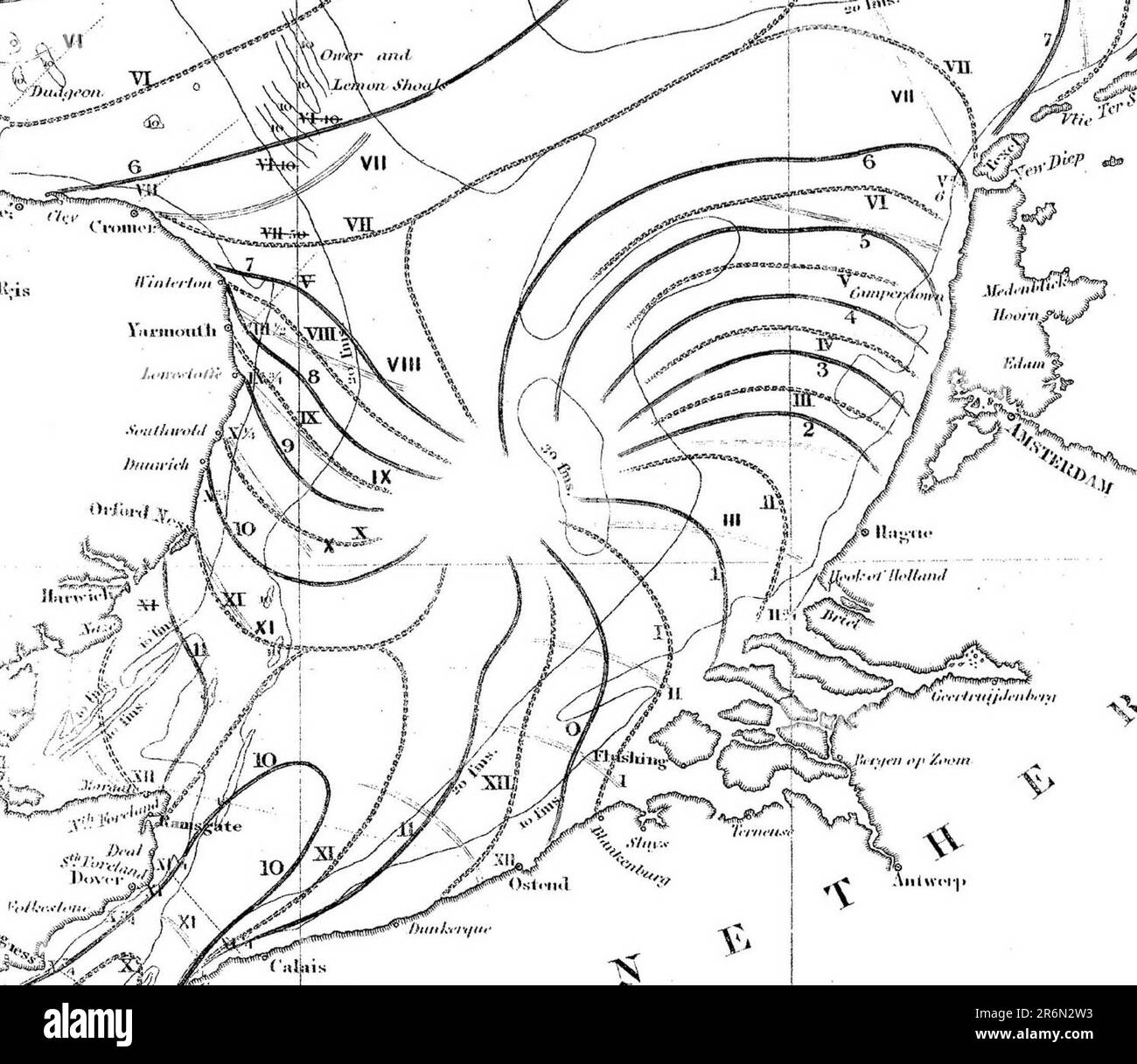 Part of Whewell's cotidal chart of 1836 showing the predicted notide