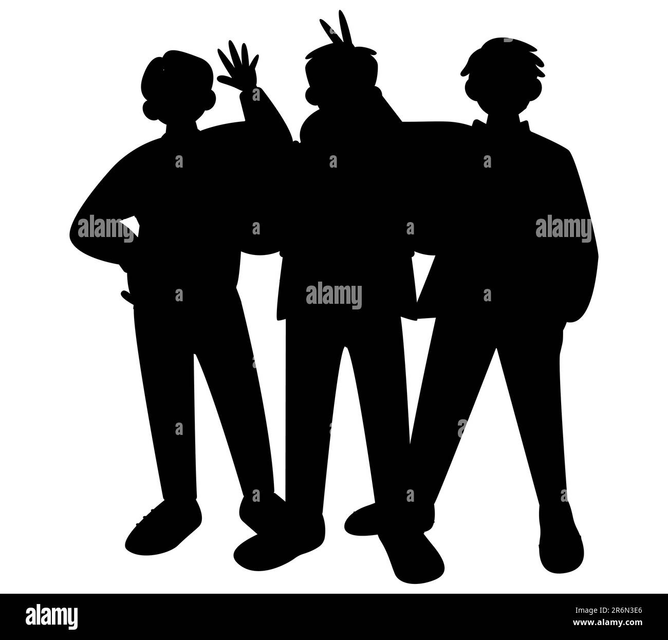 Black silhouette of three male friends enjoying outdoors,  giving victory sign, vector isolated on white background Stock Vector