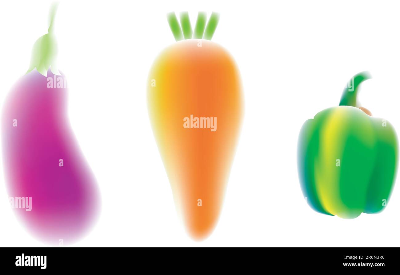 illustration, vector for a variety of vegetables, eggplant, carrot, green pepper Stock Vector