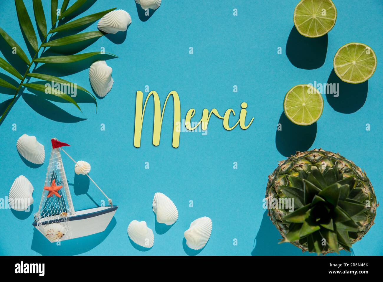 Turquoise Flat Lay, Boat, Shells, Pineapple, Text Merci Means Thank You