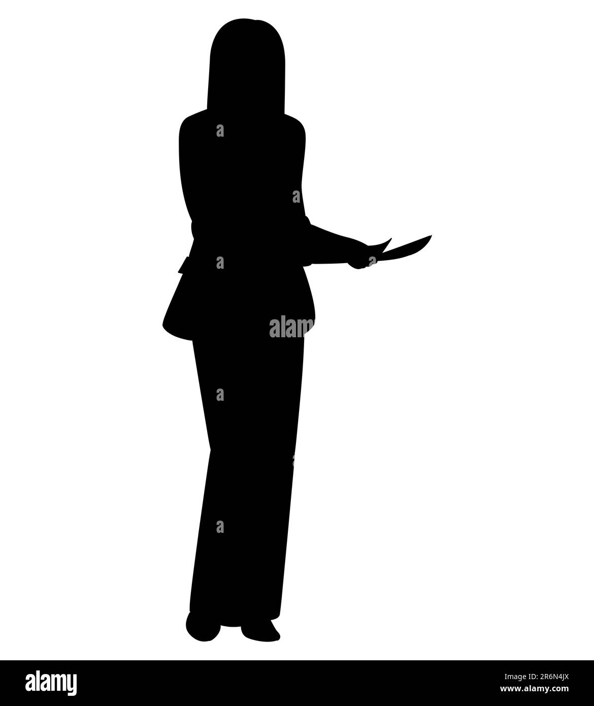 Black silhouette of a woman holding a knife in her hands, a female wearing a suit vector Stock Vector