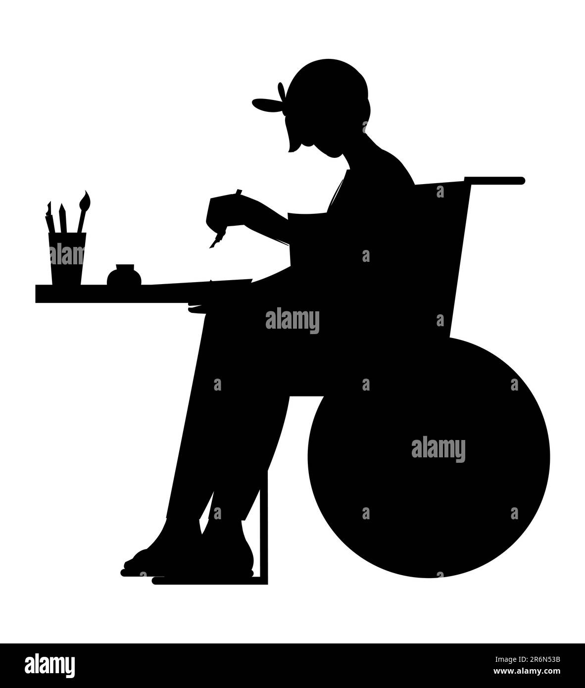 Black silhouette of a disabled man sitting on a wheelchair while painting and sketching, hobby, vector illustration Stock Vector