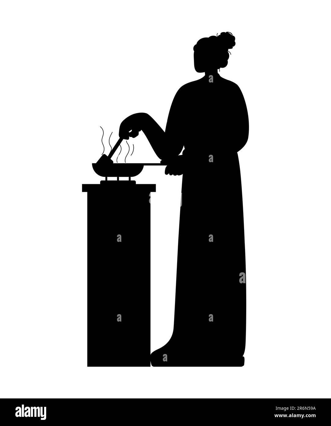 Black silhouette of a woman making a dish in a frying pan, female chef cooking in the kitchen while using a spatula, vector illustration Stock Vector