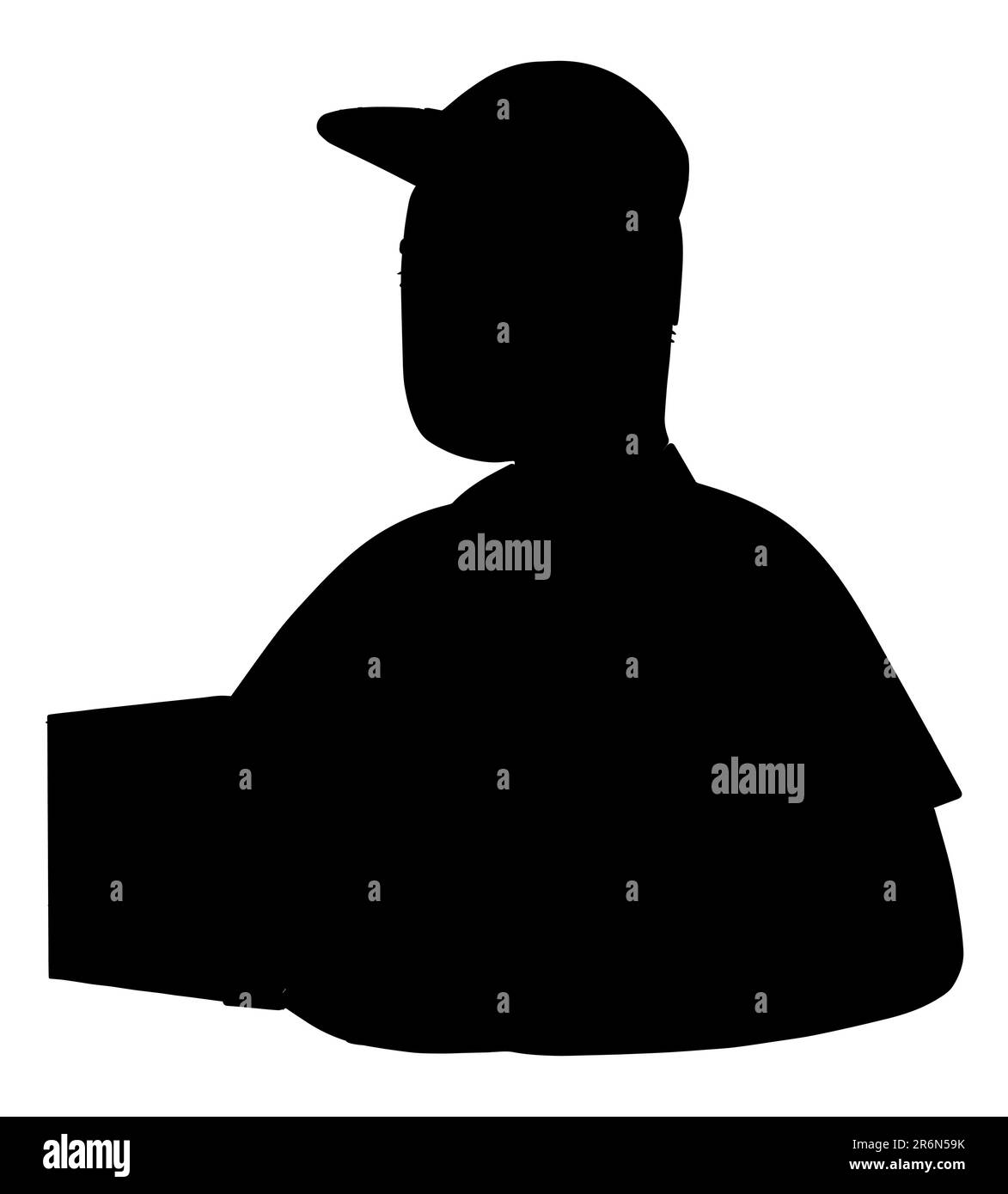 Black silhouette of a delivery man carrying a courier package, a mailman carrying a box while wearing a cap, vector isolated on white background Stock Vector