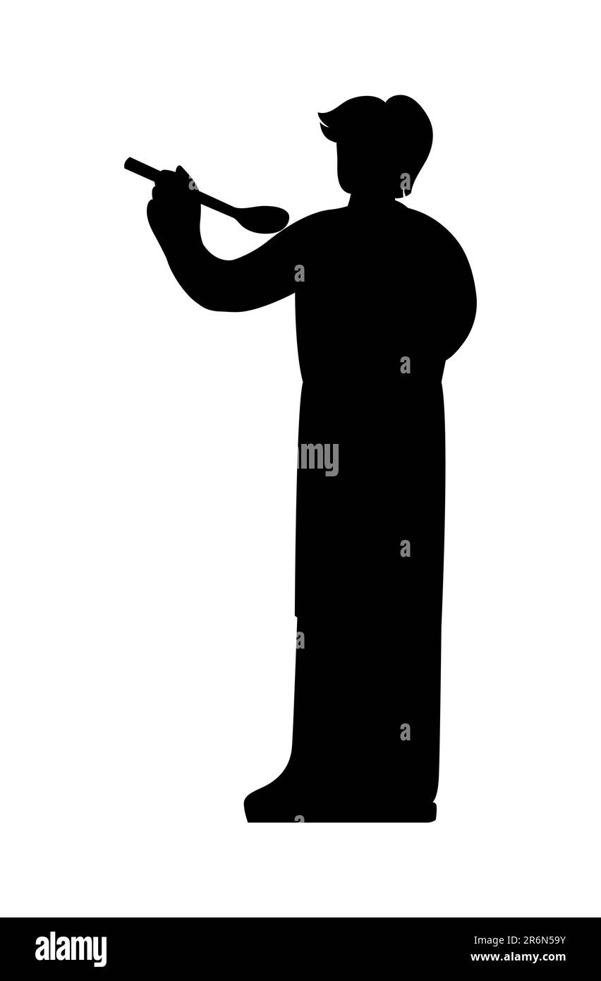Black silhouette of a handsome male tasting a dish and holding a spatula in his hands Stock Vector