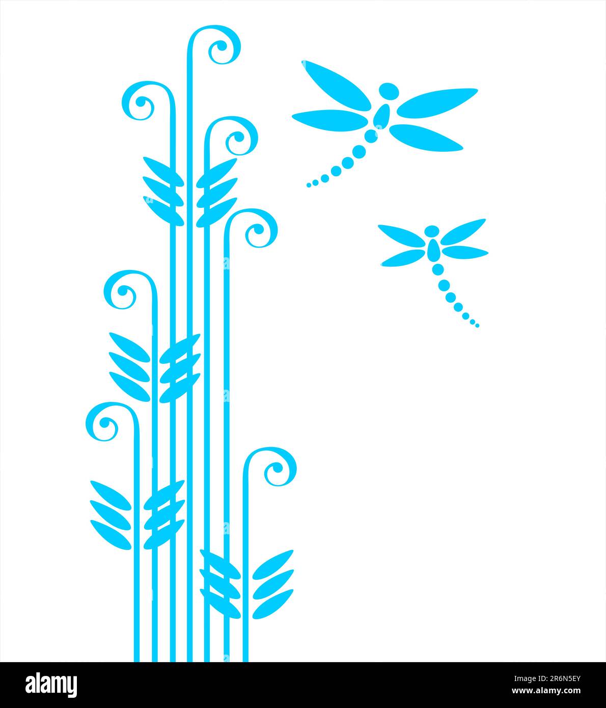 Blue ornate grass and two dragonflies isolated on a white background ...