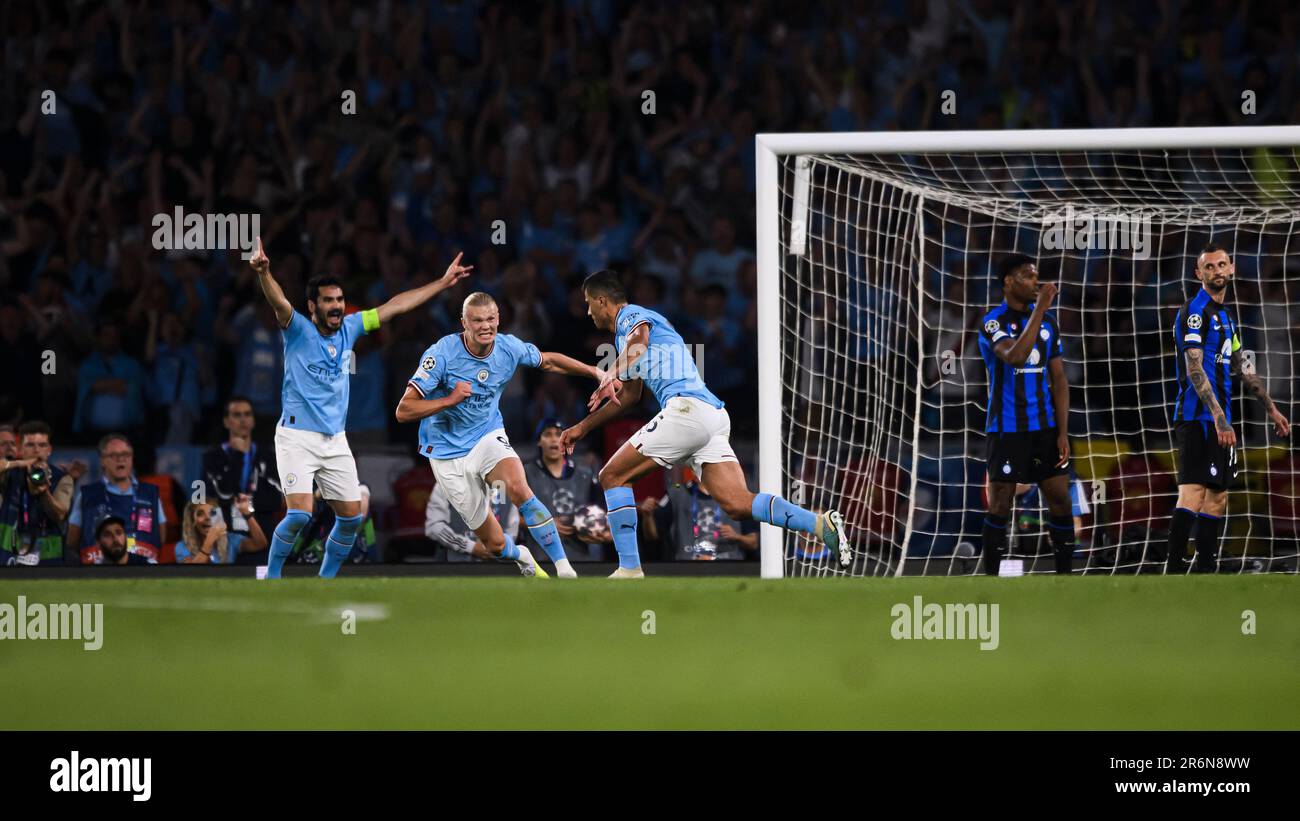 Istanbul, Turkey. 10 June 2023. Rodri of Manchester CIty FC celebrates with Erling Haaland and İlkay Gundogan of Manchester City FC after scoring a goal during the UEFA Champions League final football match between Manchester City FC and FC Internazionale. Credit: Nicolò Campo/Alamy Live News Stock Photo