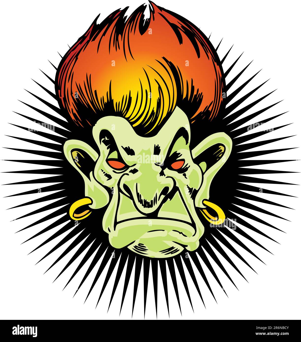 Head of a troll with fiery hair and a starburst background. Stock Vector
