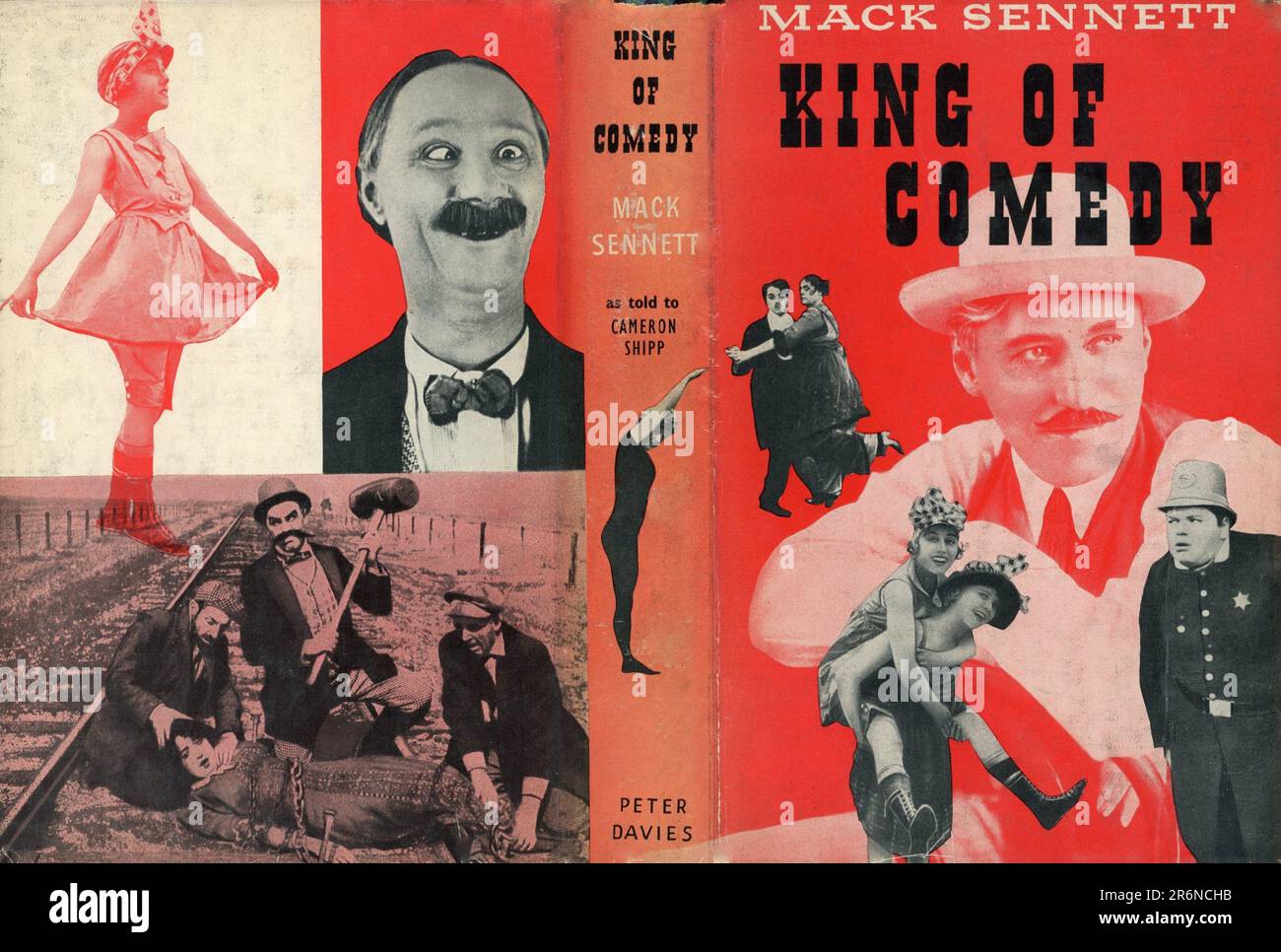 Dust Jacket / Cover for the 1st English edition of the autobiography MACK SENNETT KING OF COMEDY as told to CAMERON SHIPP published in 1955 by Peter Davies Ltd, London Stock Photo