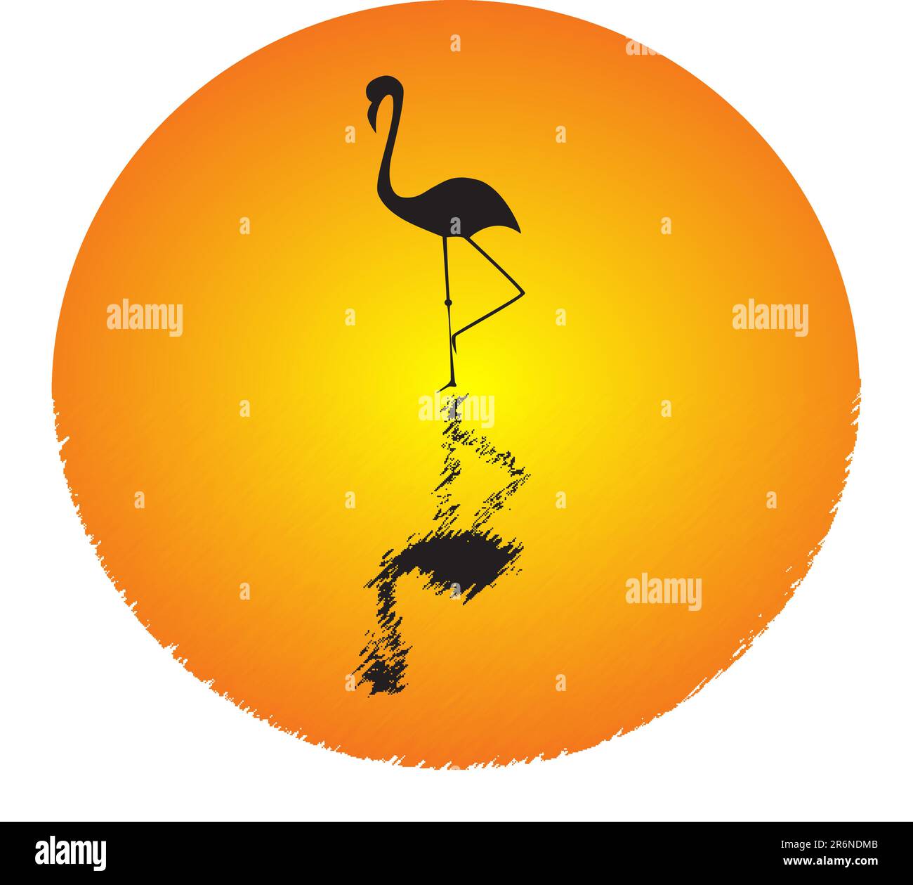 Vector picture of silhouette of flamingo standing in water and big orange sun Stock Vector