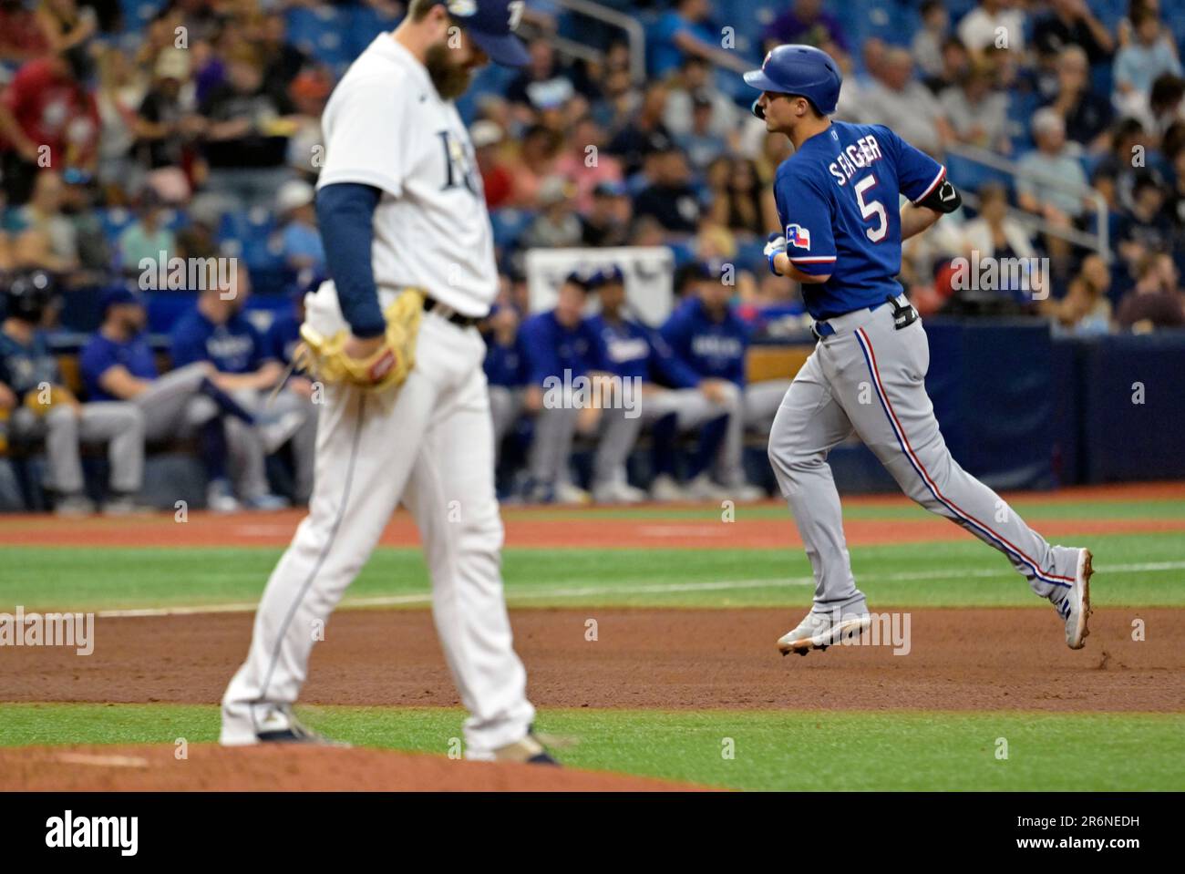 Texas Rangers' Corey Seager looks on after striking out during the first  inning of a baseball game against the Seattle Mariners, Thursday, Sept. 28,  2023, in Seattle. (AP Photo/Lindsey Wasson Stock Photo 