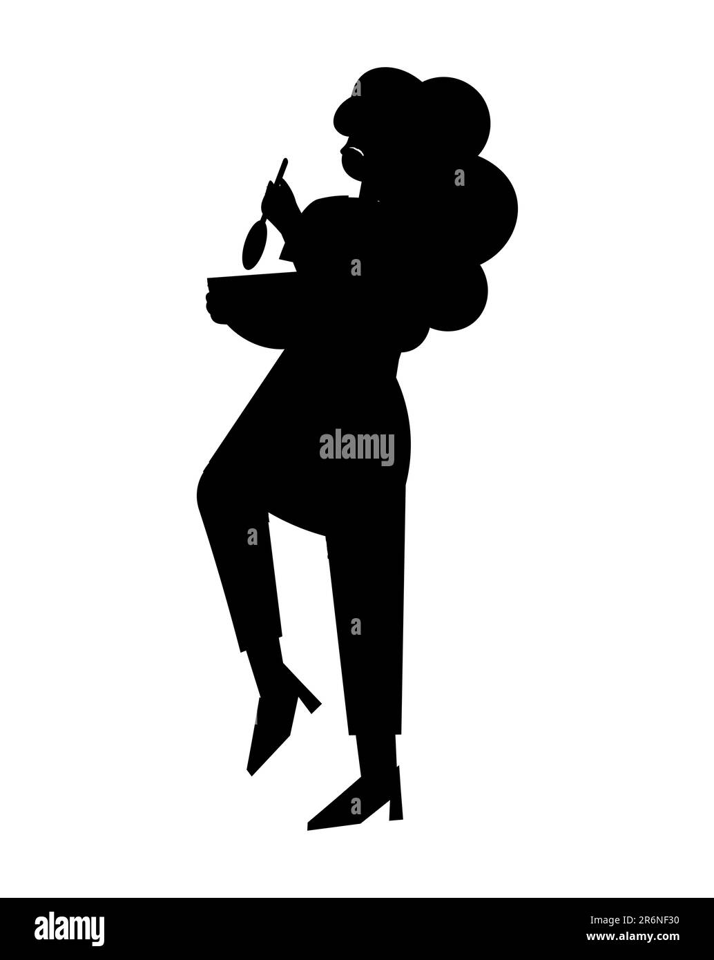 Black silhouette of a young mom mixing the cake mixture to bake a cake, happy mom, vector logo for baking Stock Vector