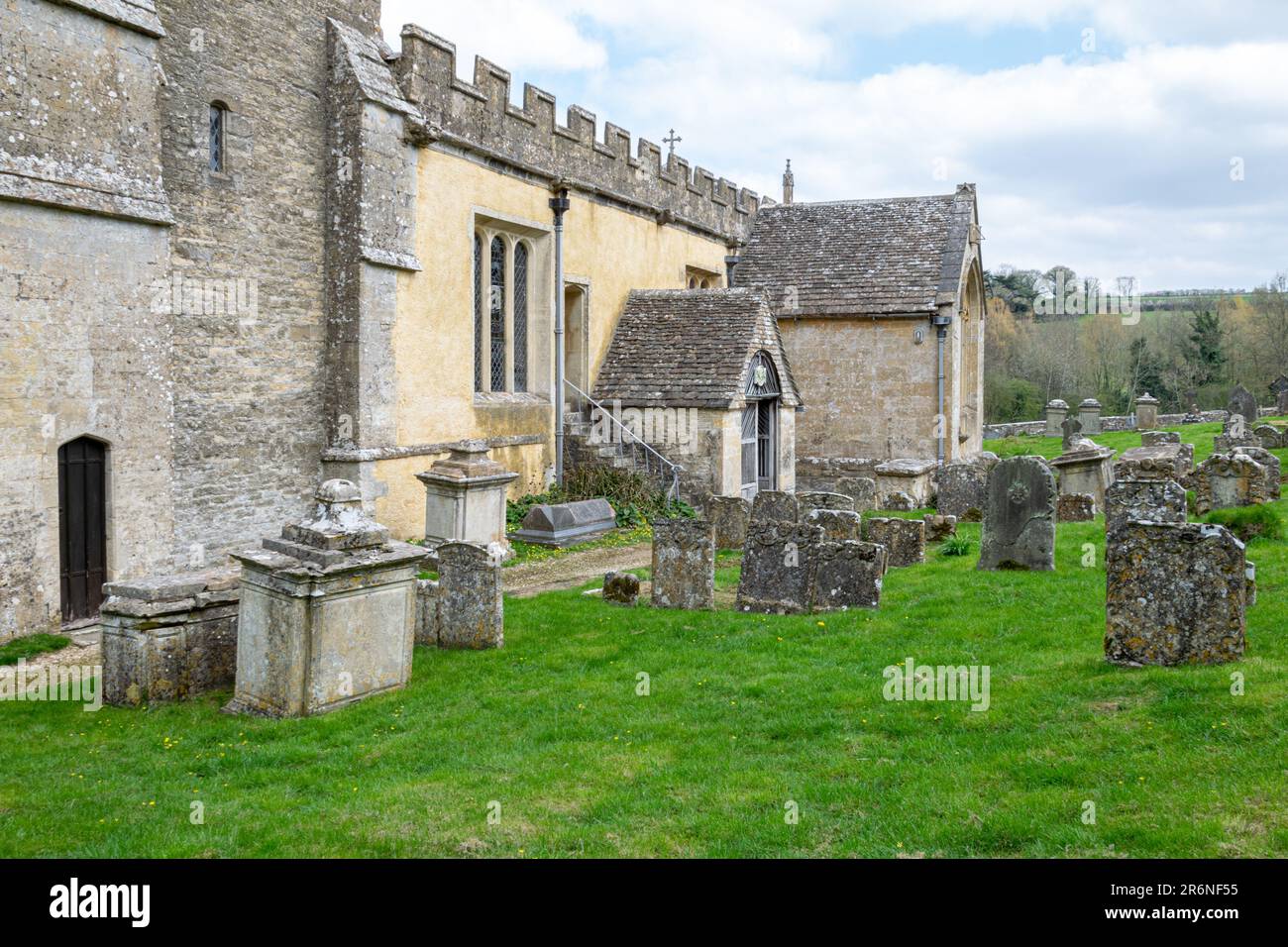 Church of All Saints in North Cerney, the oldest parts of the church date back to the 12th Century. Stock Photo