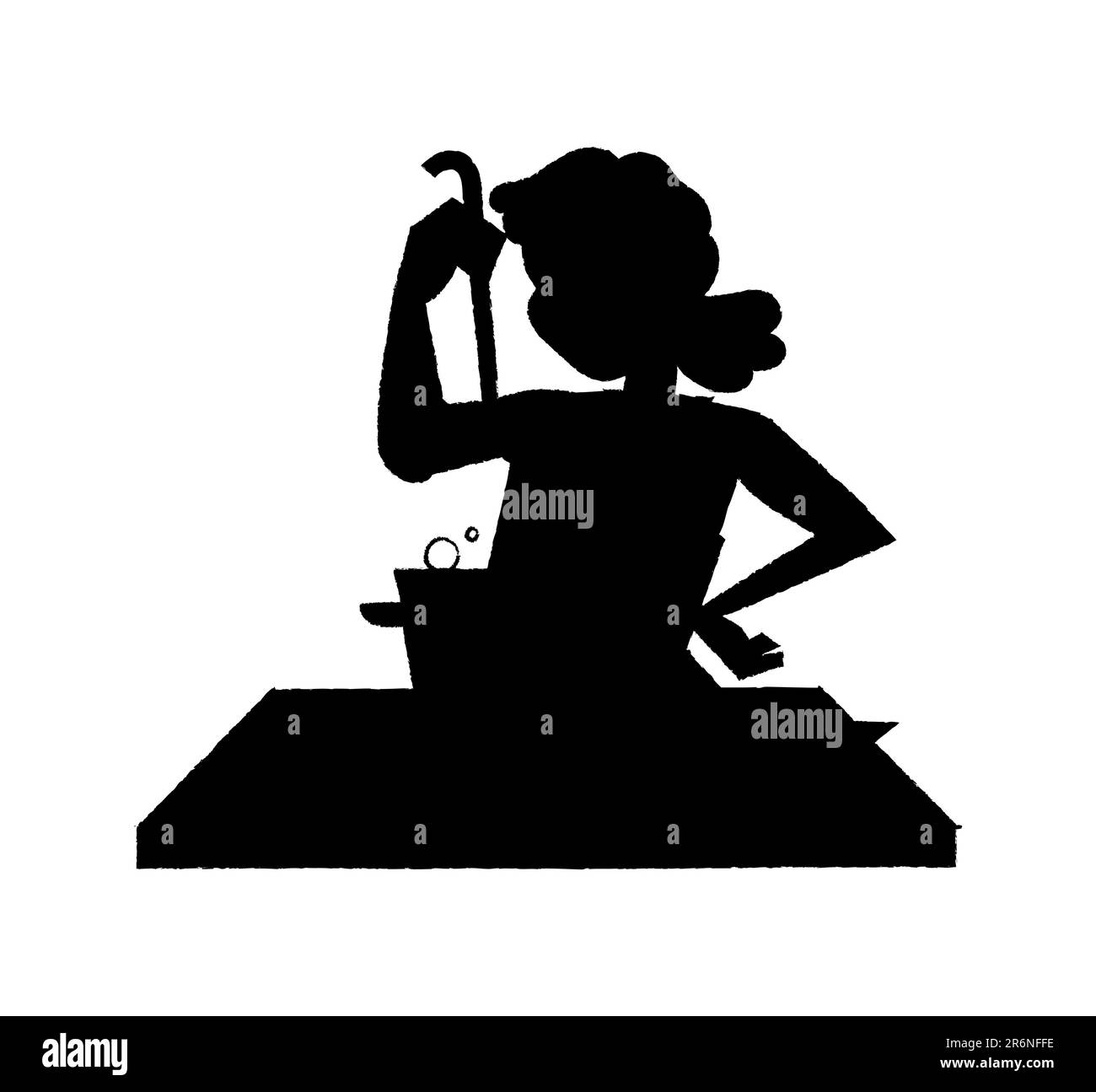 Black silhouette of a housewife preparing food in the kitchen for the children, a female making a dish and tasting it, vector isolated on white backgr Stock Vector