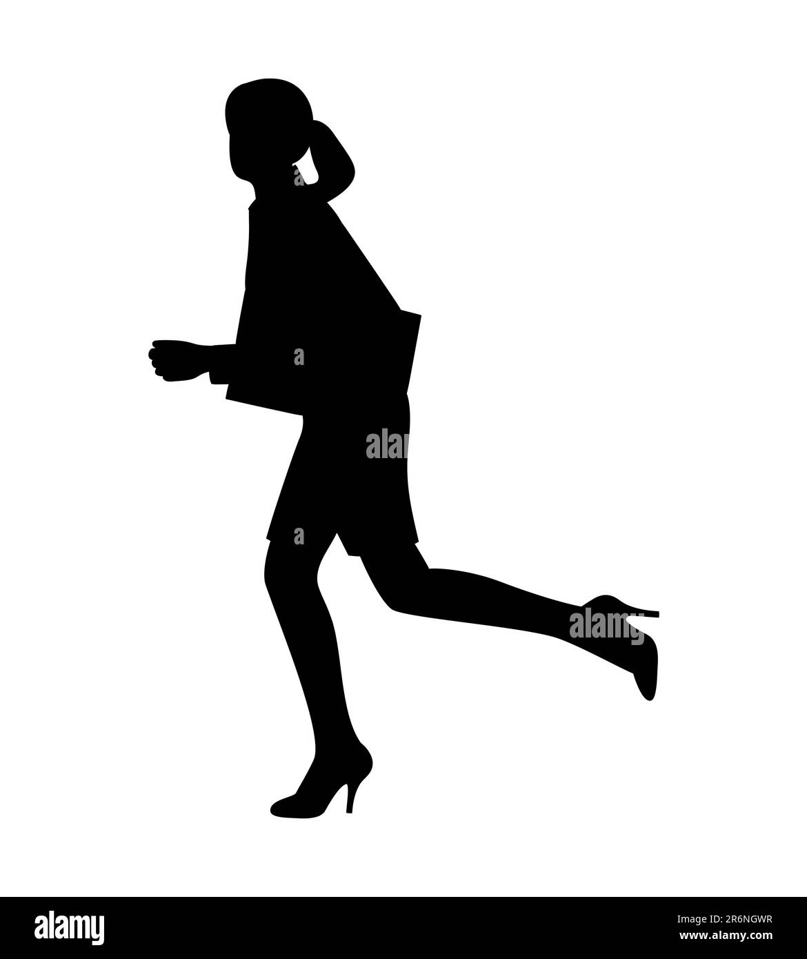 Black silhouette of an employee running fast towards the office while carrying files, hurrying, a businesswoman getting late, Stock Vector