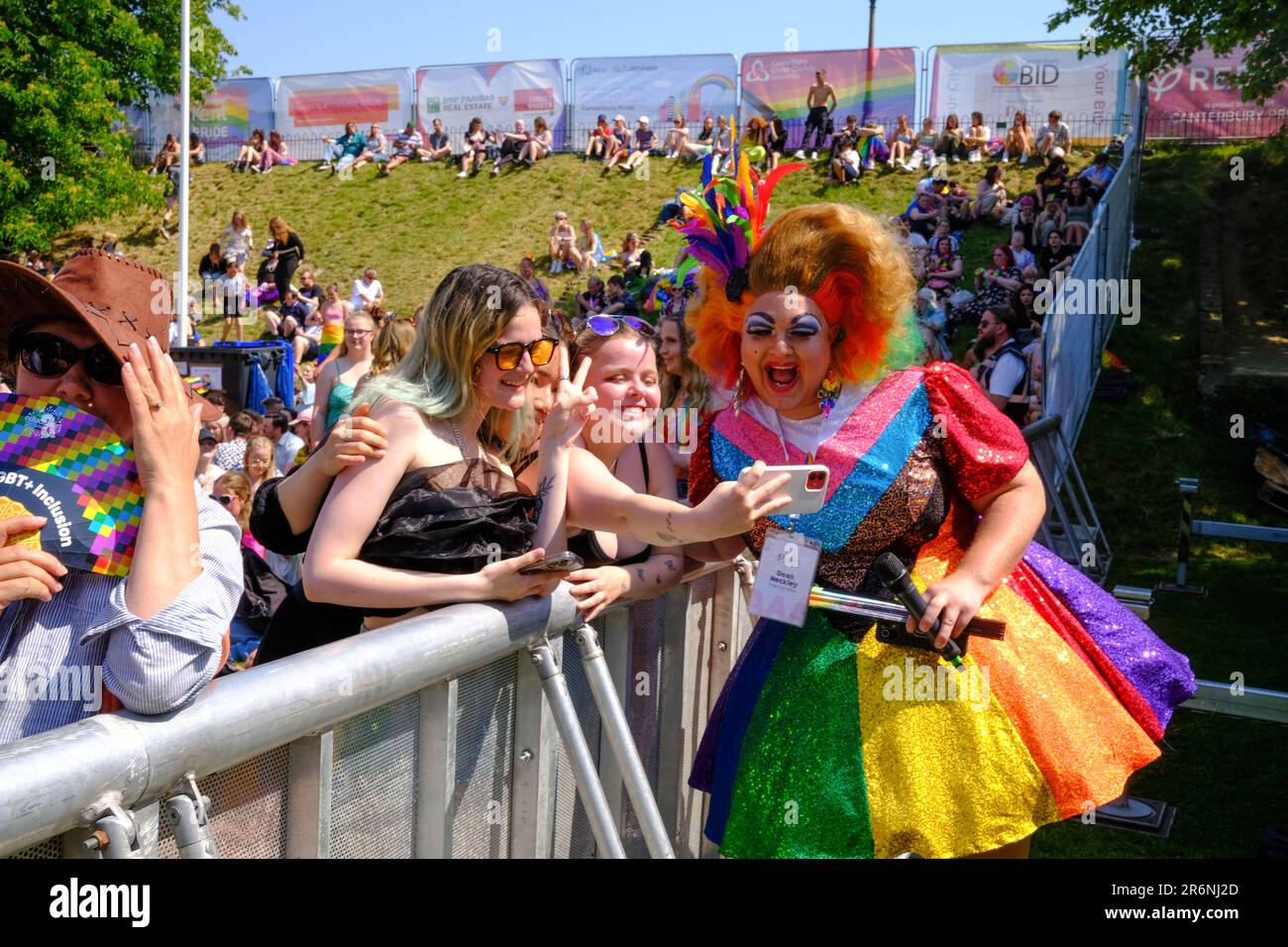 Canterbury, UK. 10th June 2023. A drag artist poses for a selfie mwith some members of the auience Credit: graham mitchell/Alamy Live News Stock Photo