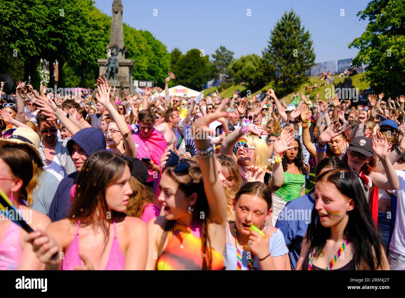 Canterbury, UK. 10th June 2023. The crowd at Canterbury Pride dance despite the extreme heat Credit: graham mitchell/Alamy Live News Stock Photo