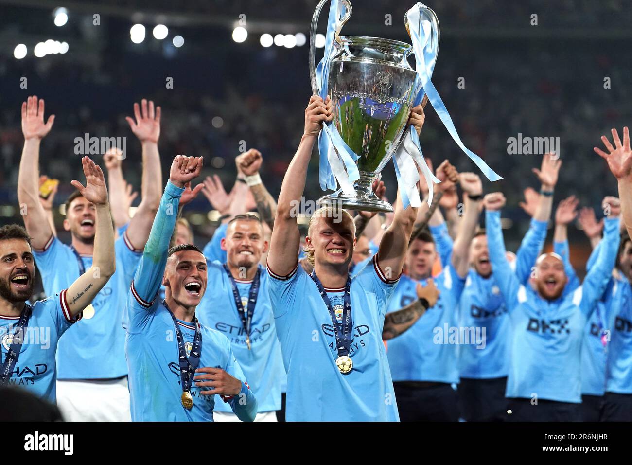 Manchester City's Erling Haaland with the UEFA Champions League Trophy