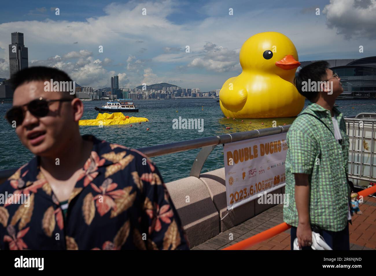 One of two giant rubber ducks in Hong Kong harbour deflates