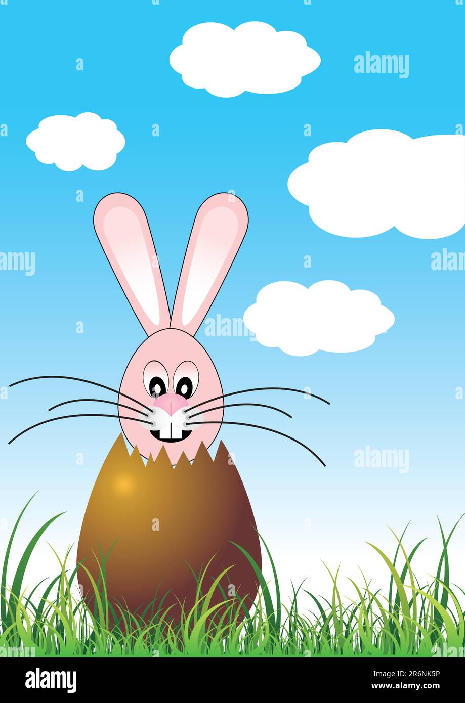 Easter bunny inside chocolate egg over green grass field Stock Vector