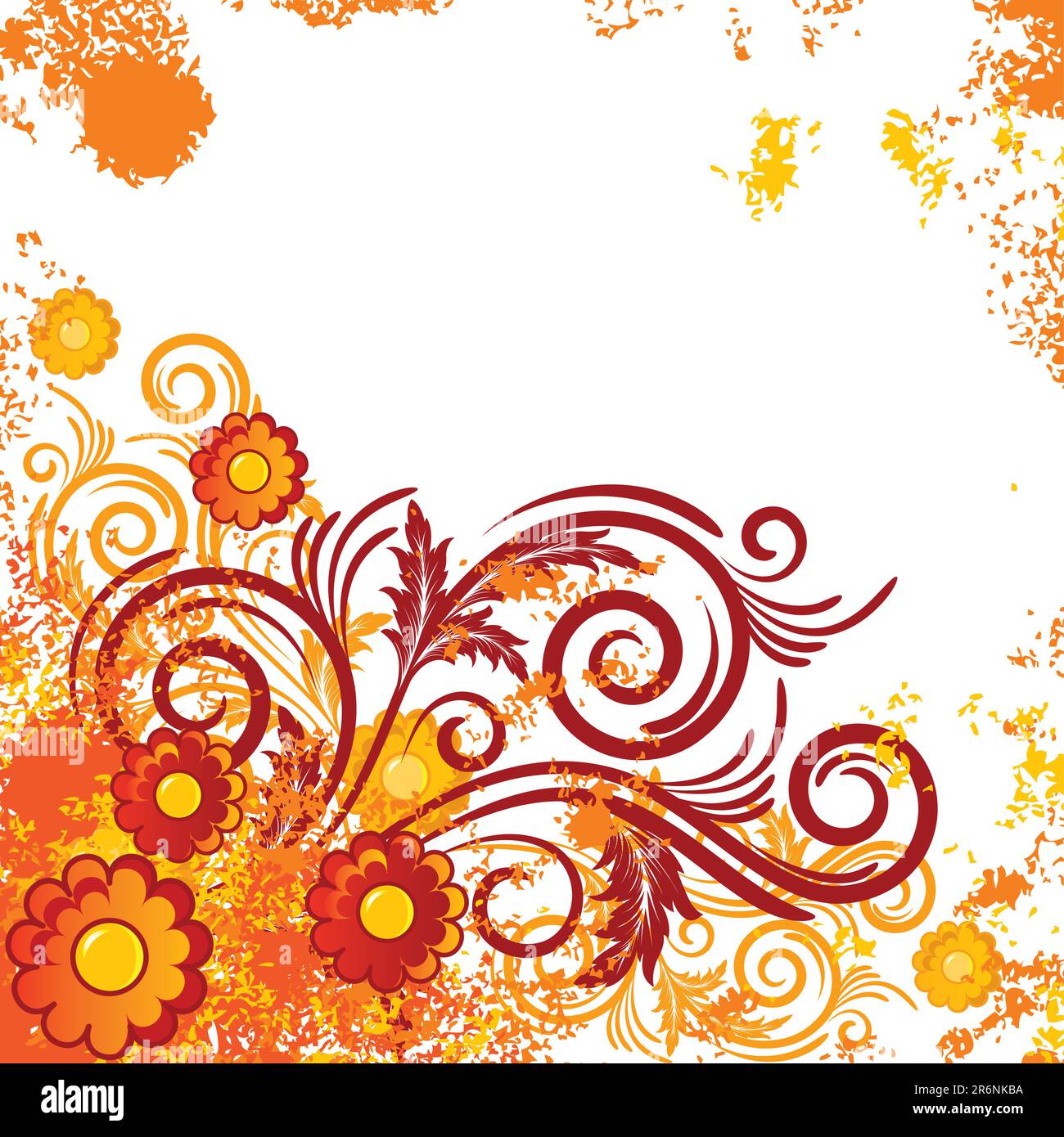 White background with abstract orange and yellow flowers and branches ...