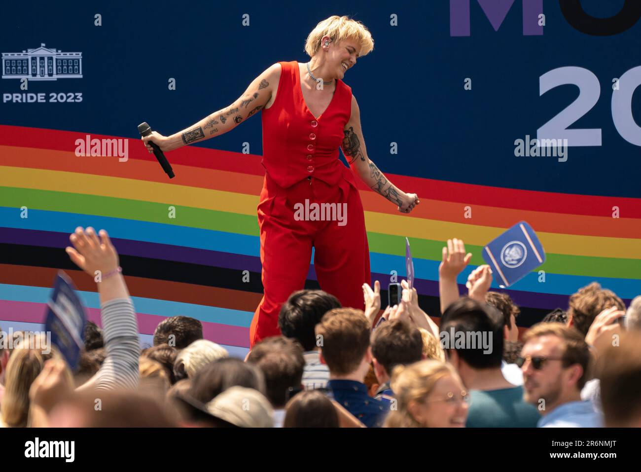 Washington, USA. 10th June, 2023. Singer Betty Who during a Pride Month celebration event at the White House in Washington, DC, US, on Saturday, June 10, 2023. Biden this week announced new federal efforts designed to help LGBTQ youth and counter book bans following Republican efforts at the state and local level to pass laws targeting transgender Americans. Photographer: Nathan Howard/Pool/Sipa USA Credit: Sipa USA/Alamy Live News Stock Photo