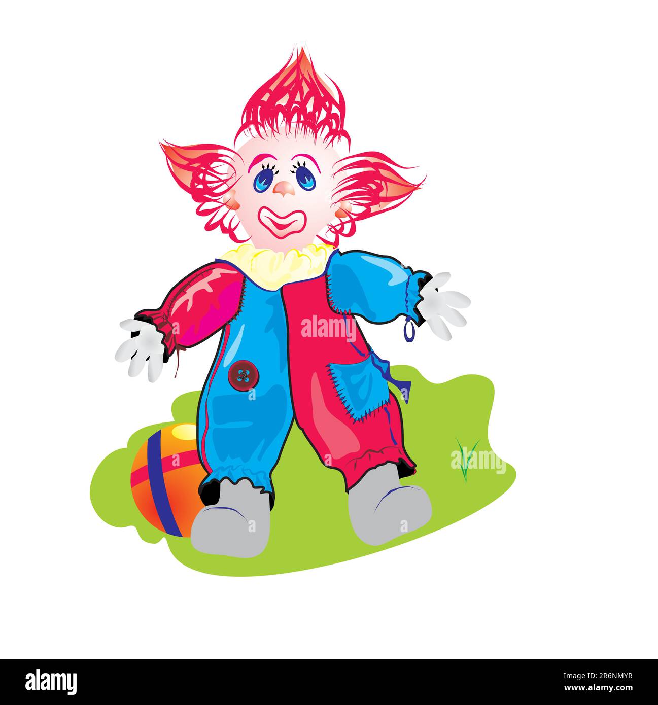 smiled clown with red hair and elastic kids ball Stock Vector