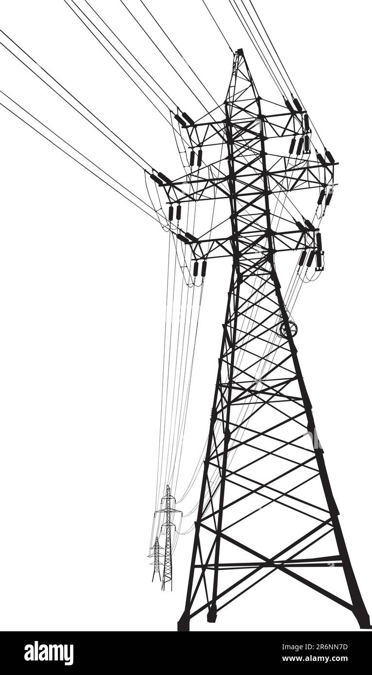 Vector silhouette of high voltage power lines and pylon Stock Vector ...