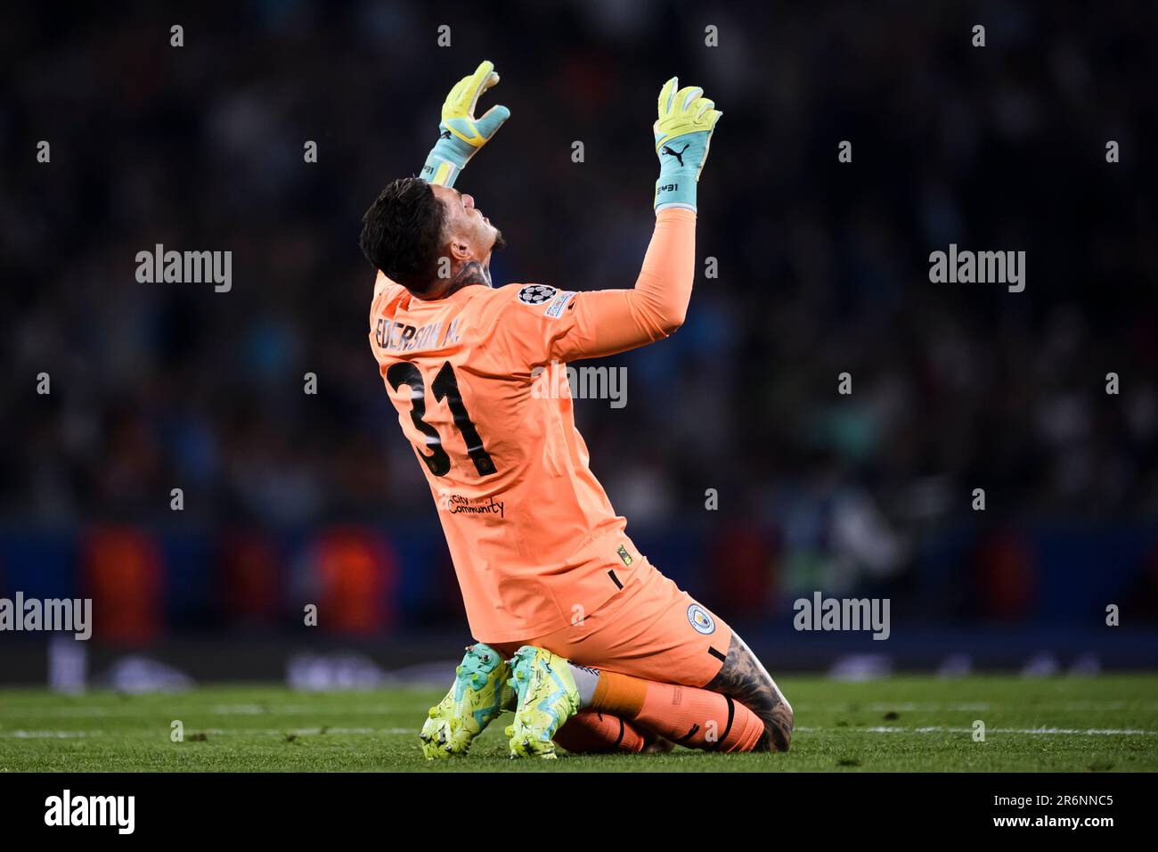 Istanbul, Turkey. 10 June 2023. Ederson of Manchester City FC celebrates during the UEFA Champions League final football match between Manchester City FC and FC Internazionale. Credit: Nicolò Campo/Alamy Live News Stock Photo