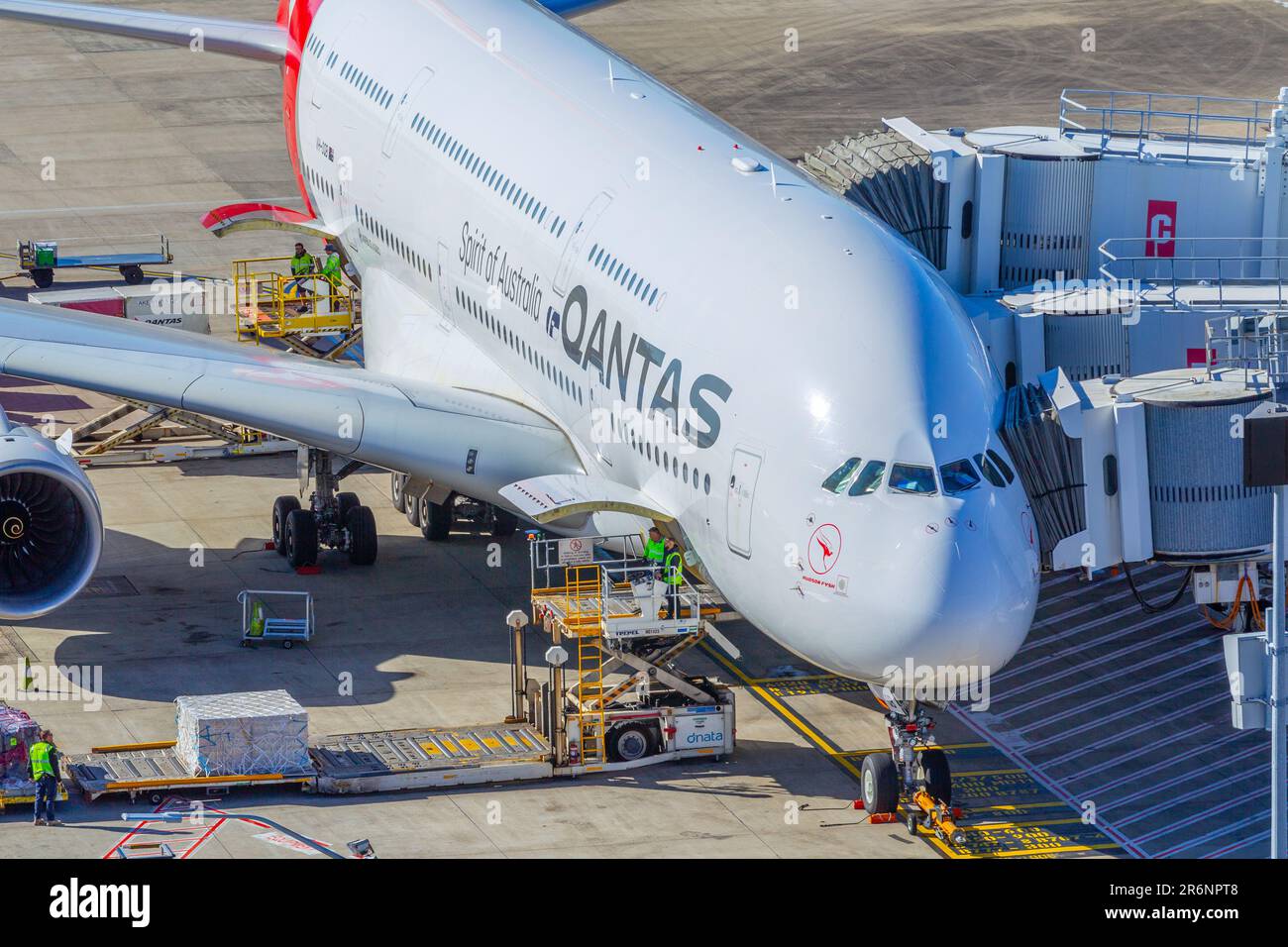 Cargo loading of a Qantas A380 passenger jet at Sydney (Kingsford Smith ...