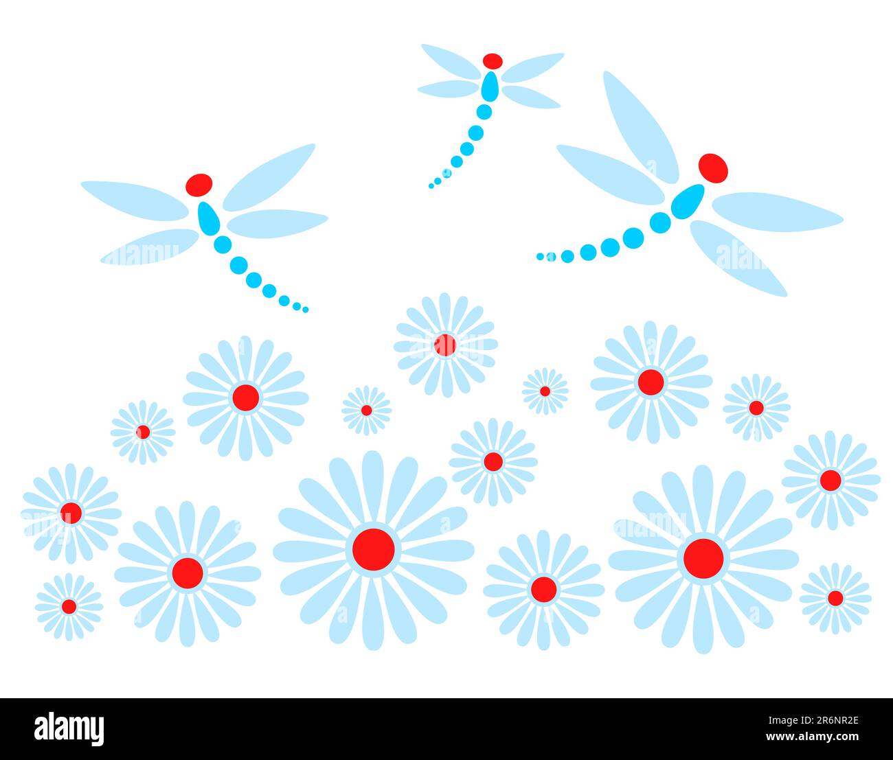 Blue chamomiles and dragonflies on a white background Stock Vector ...