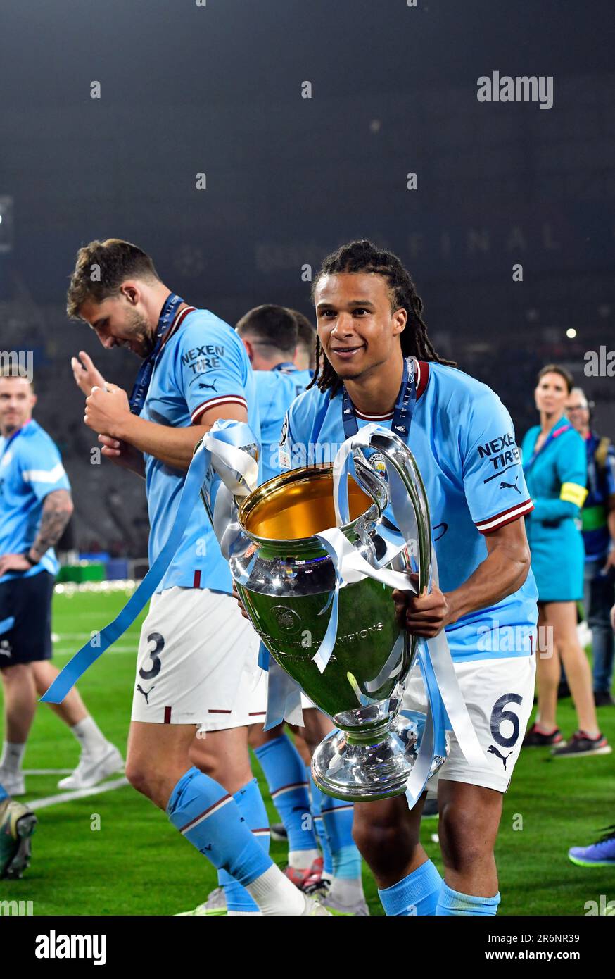 Istanbul, Turkey. 10th June, 2023. Nathan Ake of Manchester City seen in celebrating as the winner of the UEFA Champions League final between Manchester City and Inter at the Atatürk Stadium in Istanbul. (Photo Credit: Gonzales Photo/Alamy Live News Stock Photo