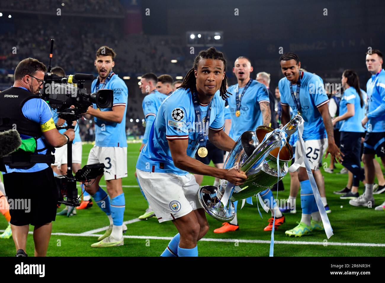 Istanbul, Turkey. 10th June, 2023. Nathan Ake of Manchester City seen in celebrating as the winner of the UEFA Champions League final between Manchester City and Inter at the Atatürk Stadium in Istanbul. (Photo Credit: Gonzales Photo/Alamy Live News Stock Photo