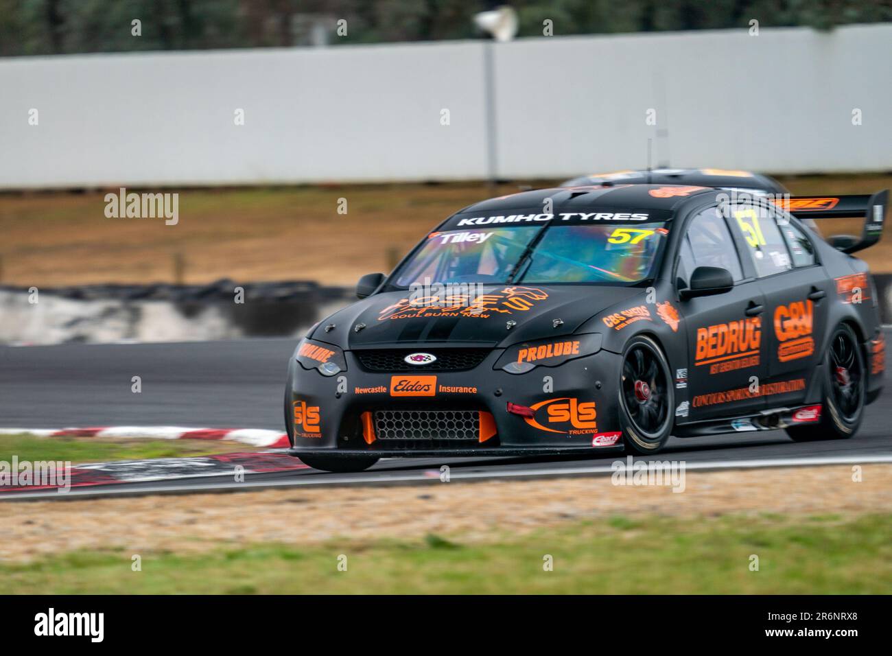 Winton, Australia. 10 June, 2023. Jamie Tilley (#57) accelerates out of Turn 4 at Winton Motor Raceway in his FG Ford Falcon. Credit: James Forrester / Alamy Live News Stock Photo