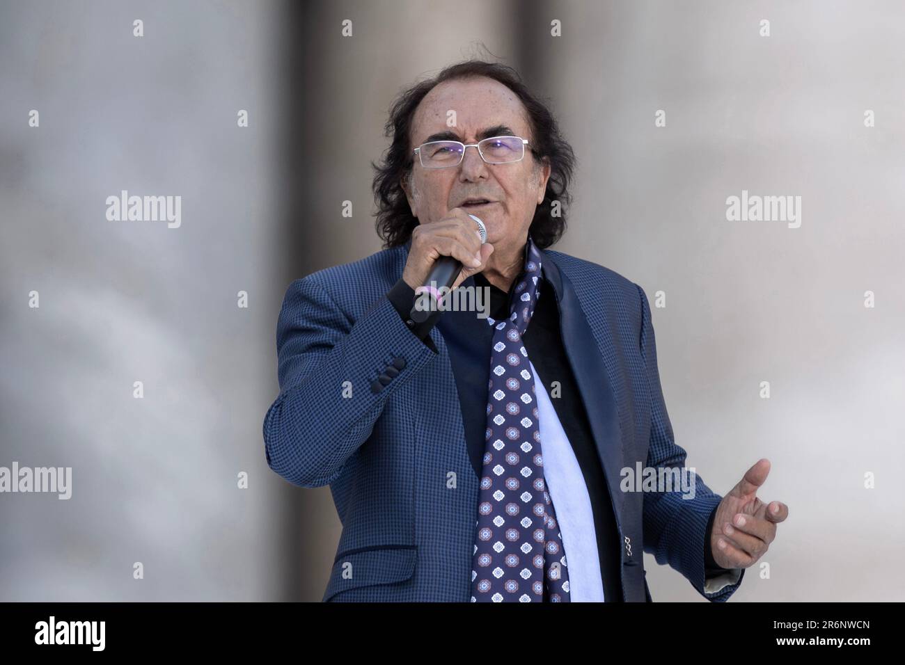 Vatican City, Vatican, 10 June, 2023. Singer Albano Carrisi performs during the  Meeting on Human Fraternity.. Artists and 30 nobel prizes attend  in St. Peter's Square,  the ' #Notalone – World Meeting on Human Fraternity 'in which Pope Francis was expected to preside before he was hospitalized on June 7 to undergo abdominal surgery.  Maria Grazia Picciarella/Alamy Live New Stock Photo