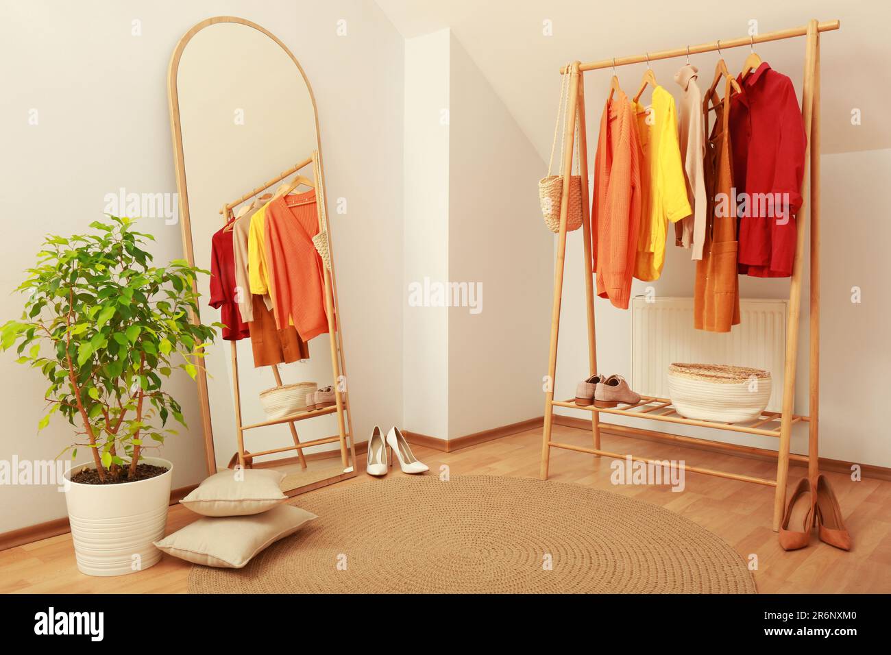 Stylish clothes rack, mirror and houseplant in room. Interior design