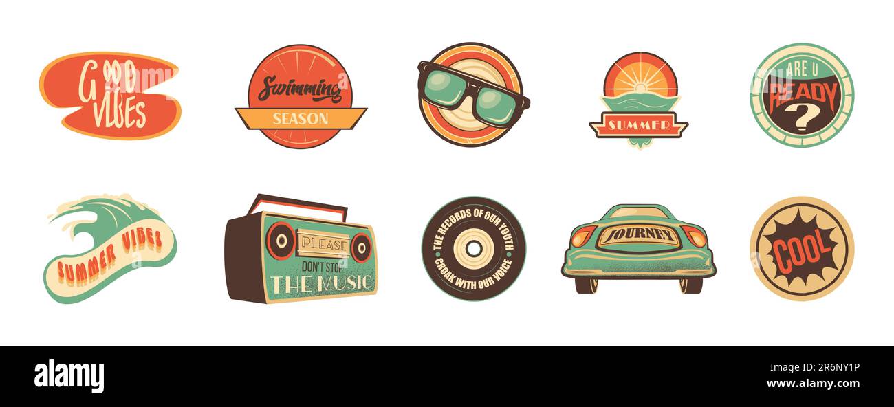 Retro travel sticker badge design for camp vector illustration. Vintage hippie car journey vacation adventure. Groovy comic quote about swimming season, summer good vibes with glasses and vinyl record Stock Vector