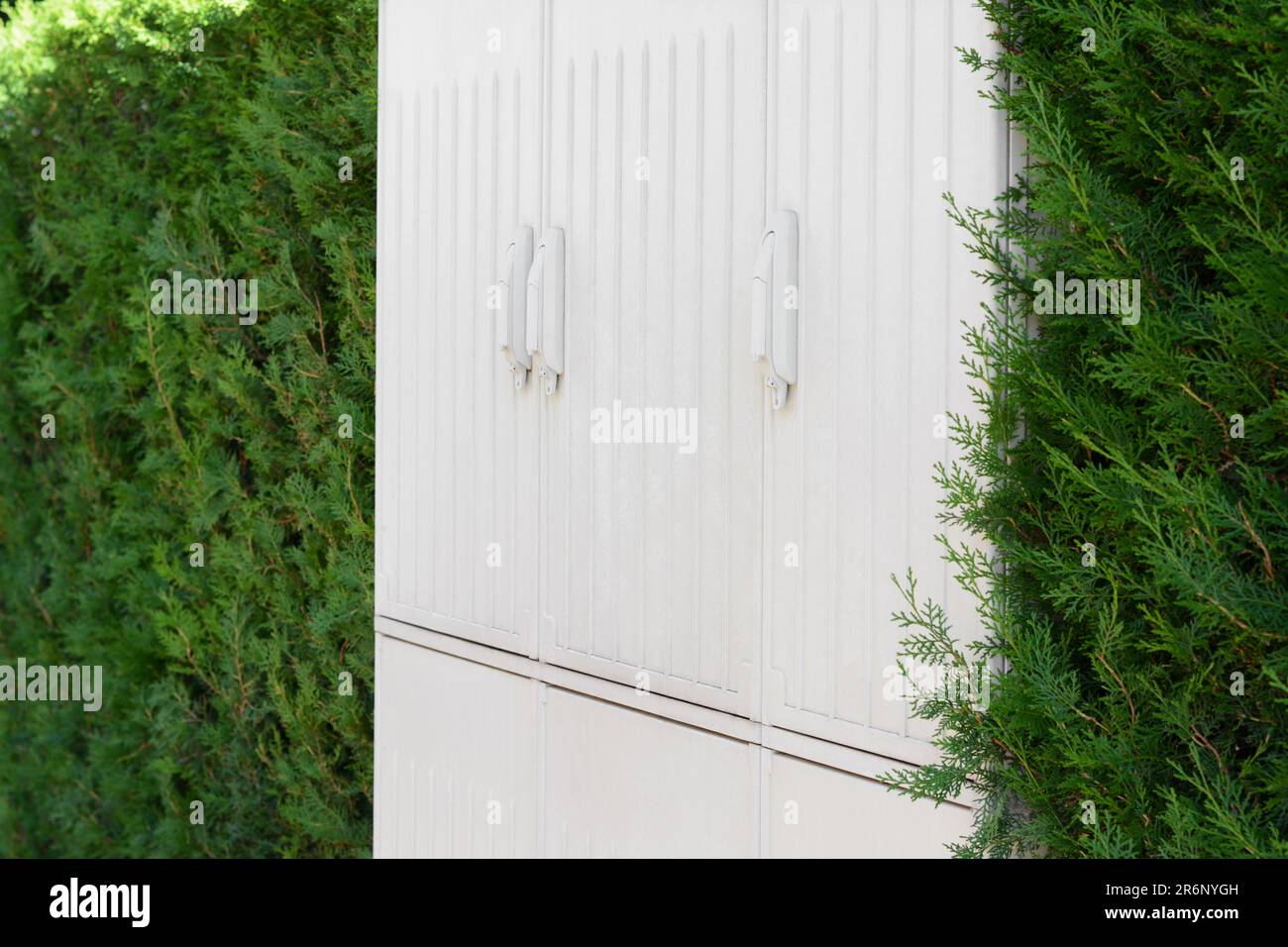 Electrical power panel near green hedge outdoors Stock Photo - Alamy