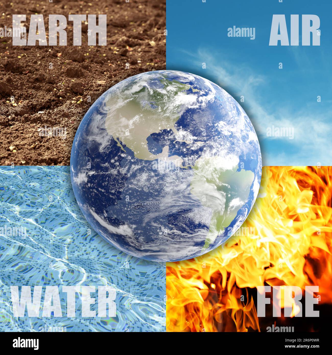 Set of four elements with their names and globe. Earth, Air, Water and