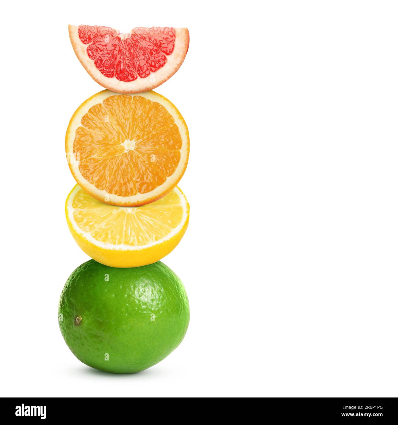 Stack of different fresh citrus fruits on white background Stock Photo