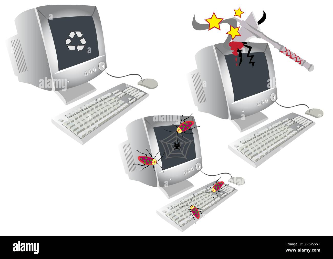 Vector illustration of three old computers: first with recycle sign on the screen, second broke with axe, third infected by bugs Stock Vector