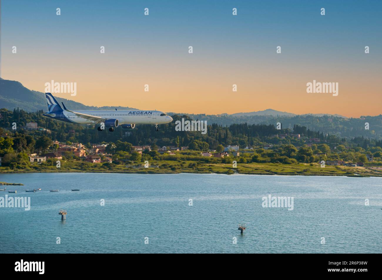 Corfu island, Greece 4 June 2023 Airbus A321 Aegean airlines landing