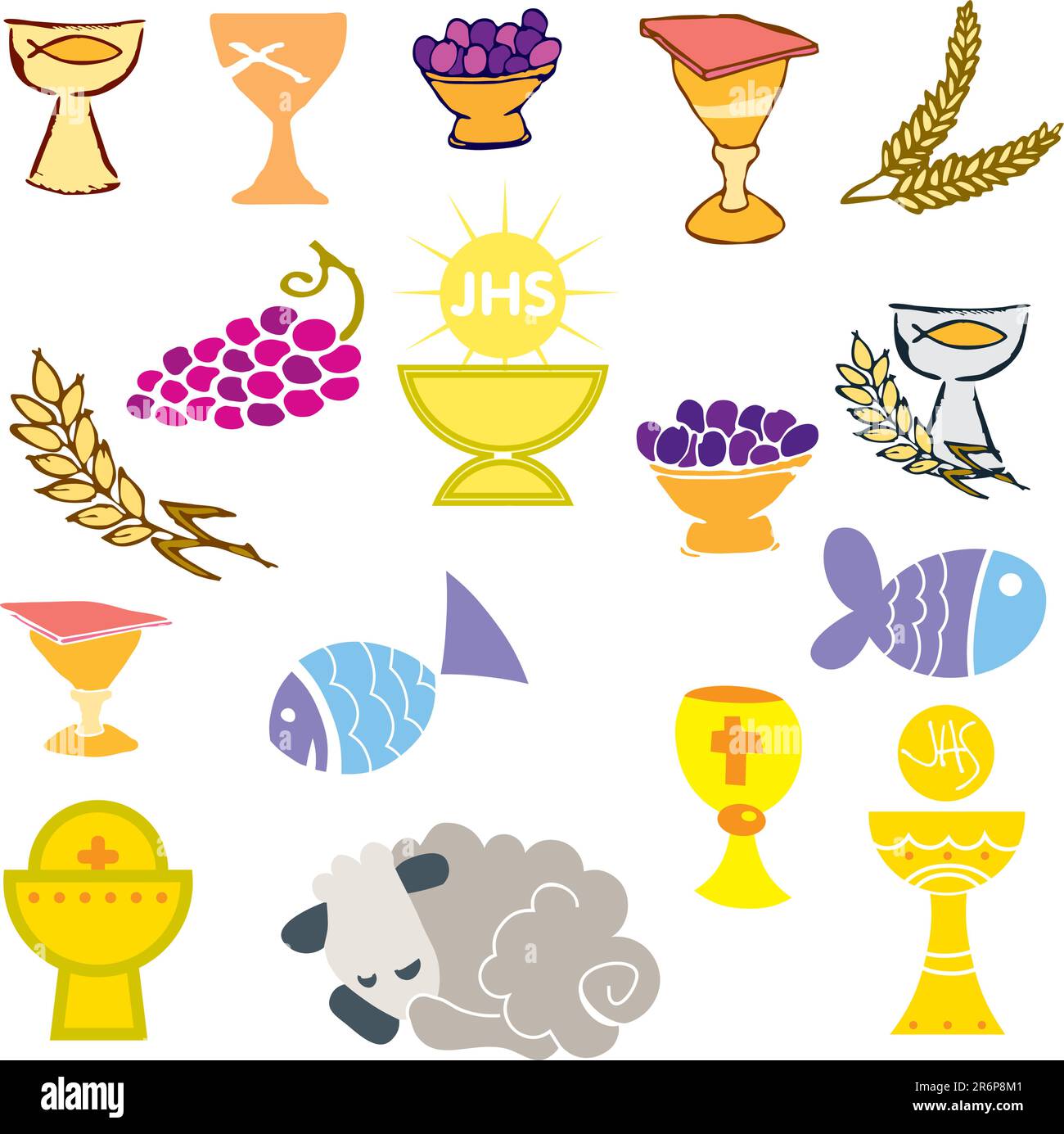 Set of Illustration of a communion depicting traditional Christian symbols including candle (light), chalice, grapes (wine), ear, cross and bread Stock Vector