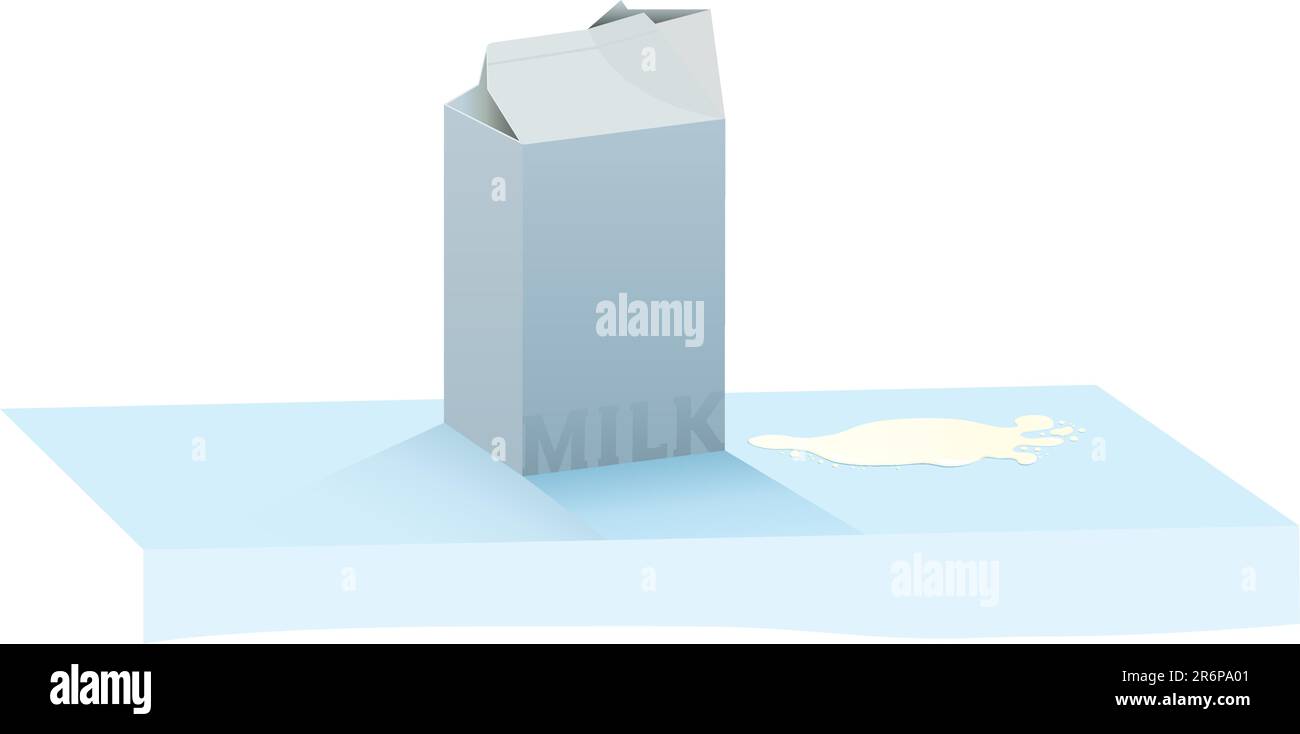 An opened carton sat on a table with splash of spilt milk Stock Vector