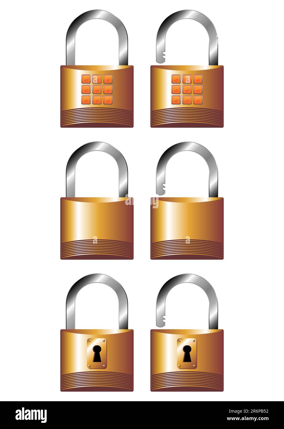 Different opened and closed padlocks over white background Stock Vector