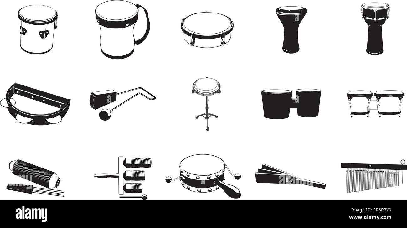 Collection of smooth vector EPS illustrations of various percussion