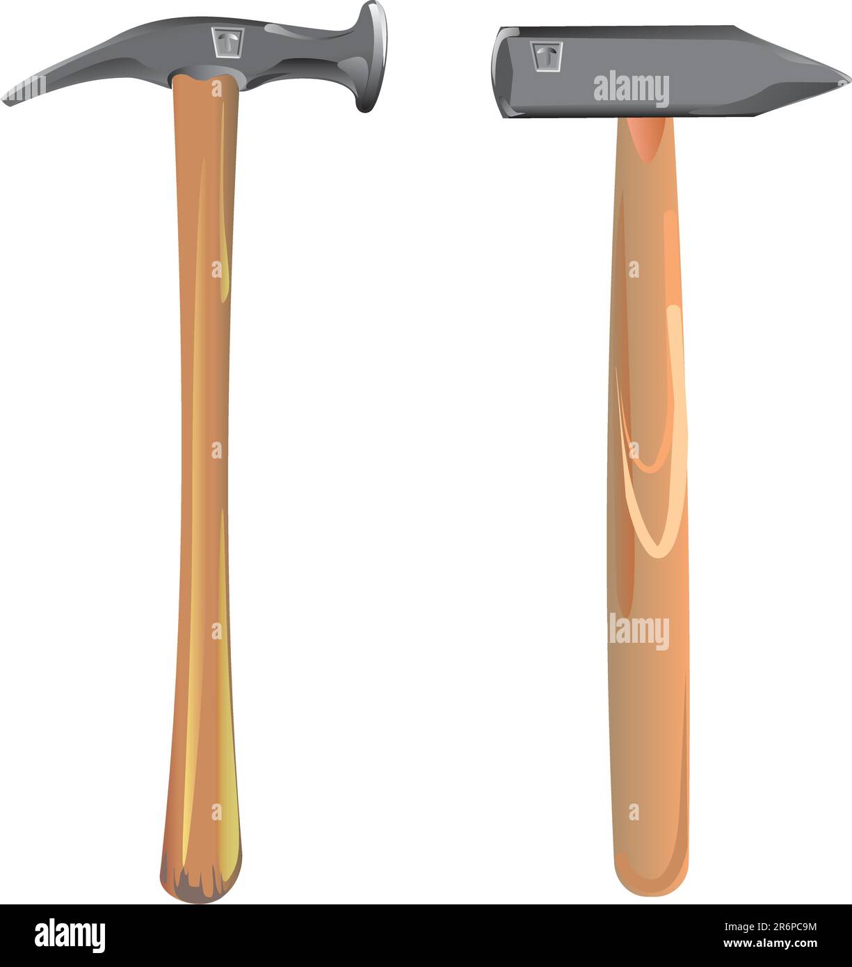 two hammers with wooden handles and fictitious trade-mark on the white background at vector Stock Vector
